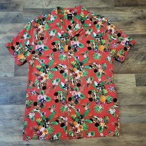 Disney Mickey Mouse Men's Red Hawaiian Surf Board Button Down Shirt Size L